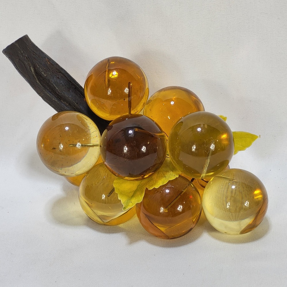 Vintage Amber Lucite Grapes Cluster Faux Wood Stem Mid Century Modern Decor 8.5"